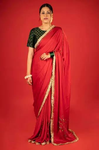 Red embroidered satin saree