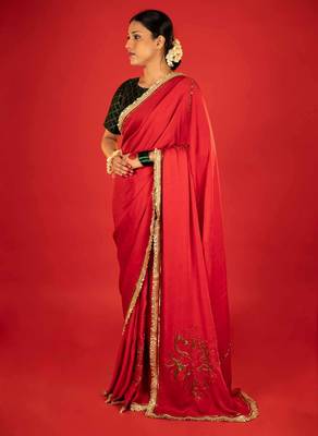 Red embroidered satin saree 2