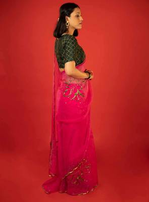 Hot pink embroidered organza saree 3
