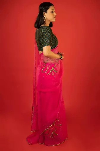 Hot pink embroidered organza saree