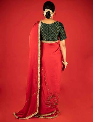 Red embroidered satin saree 3