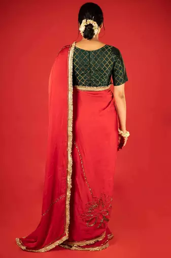 Red embroidered satin saree