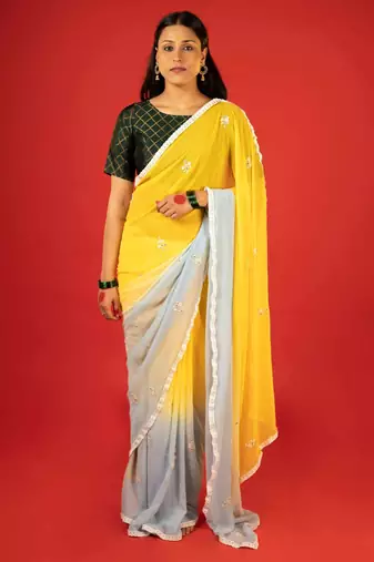 Yellow embroidered georgette saree