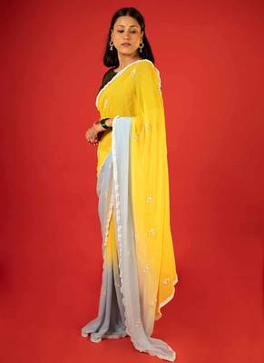 Yellow embroidered georgette saree 2