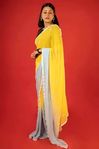 Yellow embroidered georgette saree