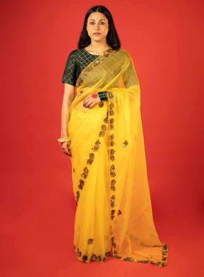 Mustard embroidered organza saree 1