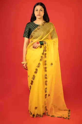 Mustard embroidered organza saree