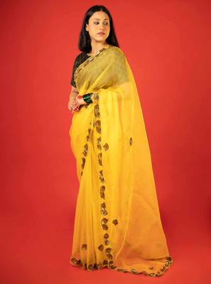 Mustard embroidered organza saree 2