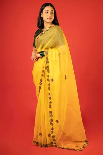 Mustard embroidered organza saree