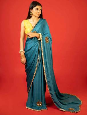 Dark teal embroidered satin saree 1