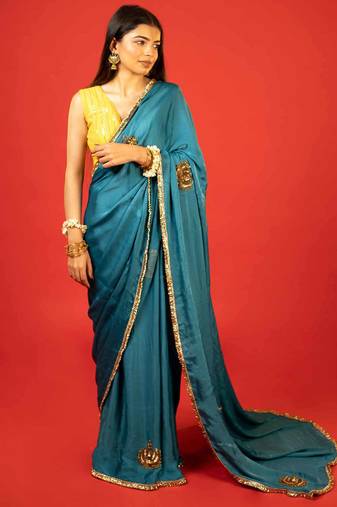 Dark teal embroidered satin saree