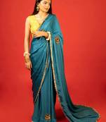 Dark teal embroidered satin saree