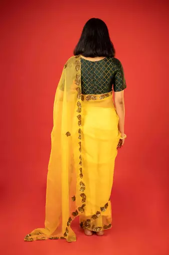 Mustard embroidered organza saree