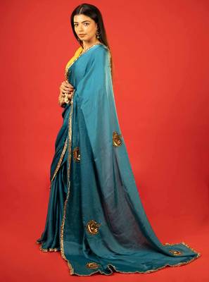 Dark teal embroidered satin saree 2