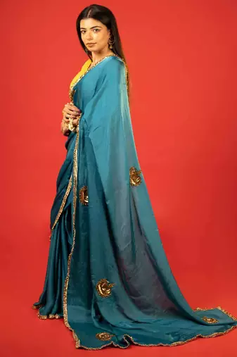 Dark teal embroidered satin saree