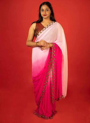 Pink embroidered georgette saree 1