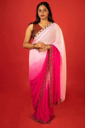 Pink embroidered georgette saree