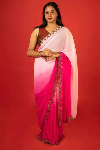Pink embroidered georgette saree
