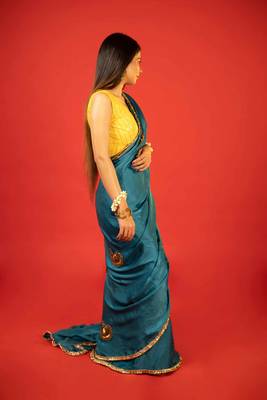 Dark teal embroidered satin saree 3