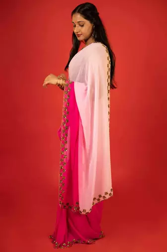 Pink embroidered georgette saree