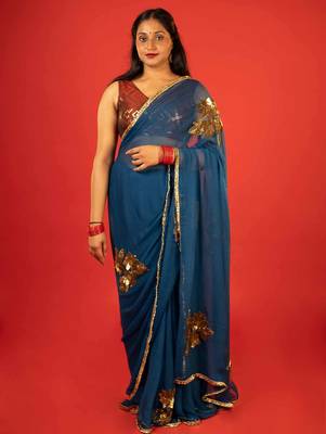 Turquoise embroidered chiffon saree 1