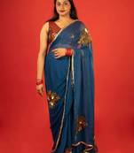 Turquoise embroidered chiffon saree