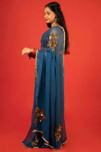 Turquoise embroidered chiffon saree