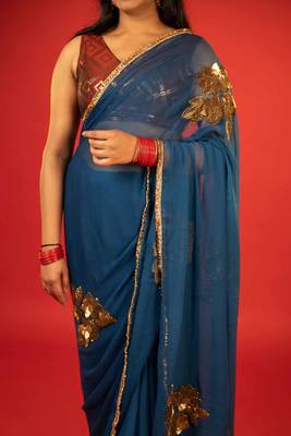 Turquoise embroidered chiffon saree 4