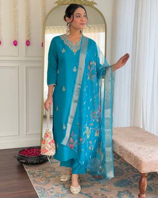 Women  Viscose Embroidery Work Straight Kurta Pant and Dupatta Set 1