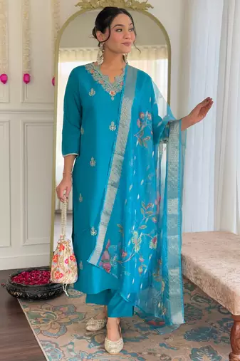Women Gorgeous Viscose Fabric Embroidery Work Straight Kurta, Pant and Dupatta Set
