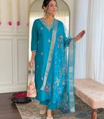 Women Gorgeous Viscose Embroidery Work Straight Kurta, Pant and Dupatta Set