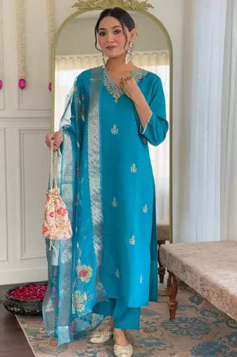 Women  Viscose Embroidery Work Straight Kurta Pant and Dupatta Set