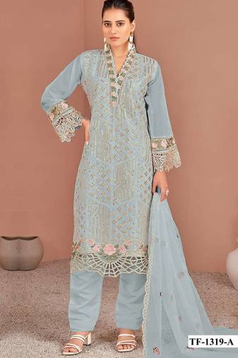 Sky blue naylon oarganza semi stitched suit with multi thread & sequence embroidery work