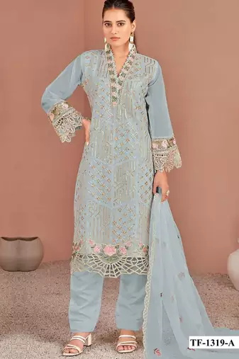 Sky blue naylon oarganza semi stitched suit with multi thread & sequence embroidery work