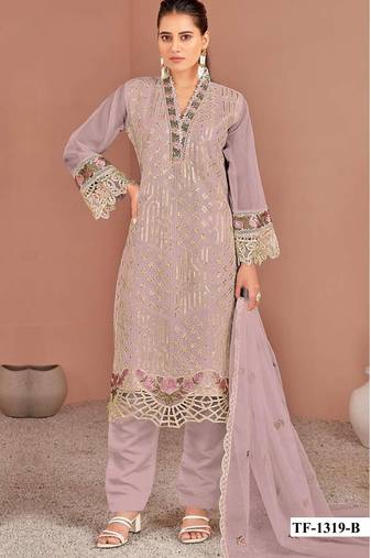 Lavender naylon oarganza semi stitched suit with multi thread & sequence embroidery work
