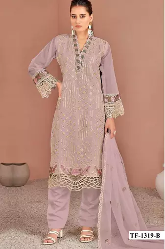 Lavender naylon oarganza semi stitched suit with multi thread & sequence embroidery work
