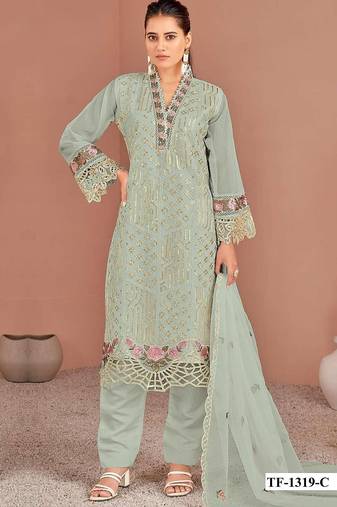 Light green naylon oarganza semi stitched suit with multi thread & sequence embroidery work