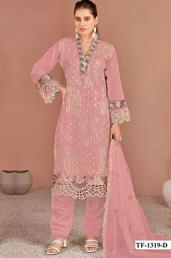 Peach naylon oarganza semi stitched suit with multi thread & sequence embroidery work