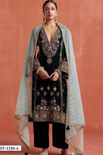 Black heavy velvet semi stitched suit with embroidery work