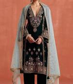 Black heavy velvet semi stitched suit with embroidery work