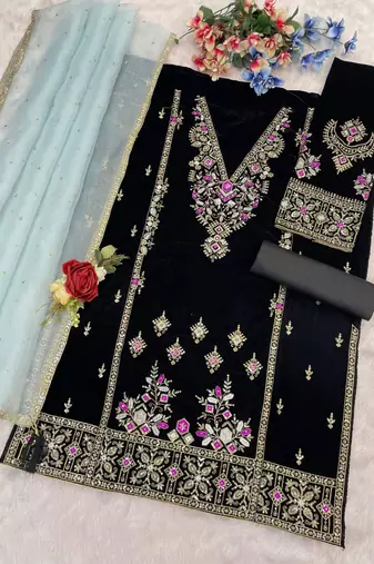 Black heavy velvet suit with embroidery 