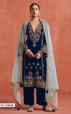 Navy heavy velvet suit with embroidery  1