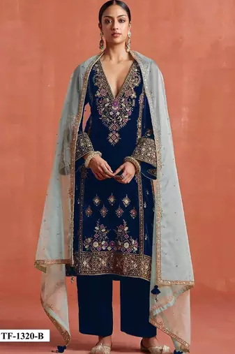 Navy heavy velvet semi stitched suit with embroidery work