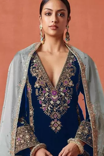 Navy heavy velvet suit with embroidery 