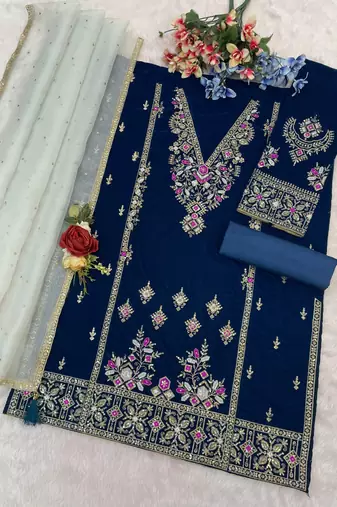 Navy heavy velvet suit with embroidery 