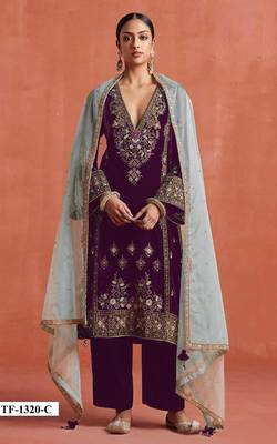 Maroon heavy velvet suit with embroidery  1