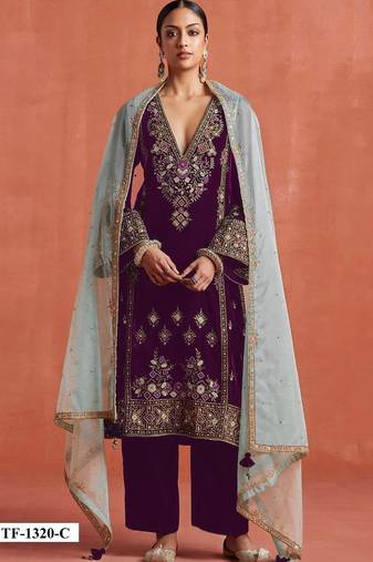 Maroon heavy velvet semi stitched suit with embroidery work