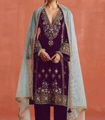 Maroon heavy velvet semi stitched suit with embroidery work