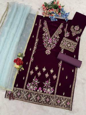 Maroon heavy velvet suit with embroidery  3