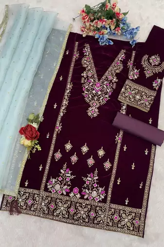 Maroon heavy velvet suit with embroidery 